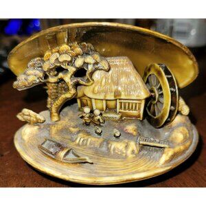 Japanese Carved Celluloid Diorama Clam Shell Spinning Water Wheel Antique UNIQUE